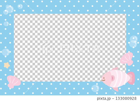 Pastel blue polka dot frame with fish and seashell for under the sea template, aquarium, ocean, animal, zoo, souvenir shop, polaroid photo, post card, vacation poster, sticky note, memo note, notepads 133080928