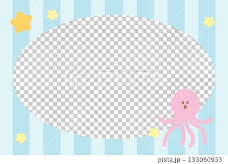 Pastel blue stripe frame with octopus and starfish for under the sea template, aquarium, ocean, animal, zoo, souvenir shop, polaroid photo, post card, vacation poster, sticky note, memo note, notepad 133080933