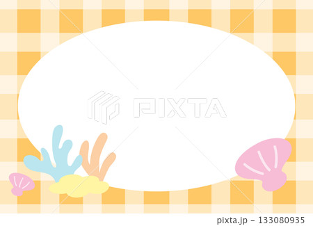 Pastel orange plaid frame with seashell and coral reef for under the sea template, aquarium, ocean, animal, zoo, souvenir shop, polaroid photo, post card, vacation poster, sticky note, memo note 133080935