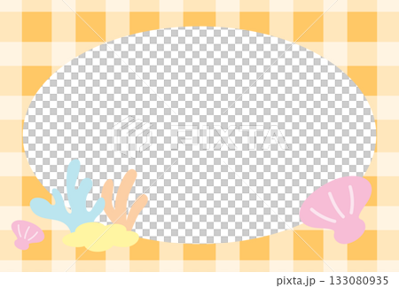 Pastel orange plaid frame with seashell and coral reef for under the sea template, aquarium, ocean, animal, zoo, souvenir shop, polaroid photo, post card, vacation poster, sticky note, memo note Pastel orange plaid frame with seashell and coral reef for under the sea template, aquarium, ocean, animal, zoo, souvenir shop, polaroid photo, post card, vacation poster, sticky note, memo note 133080935