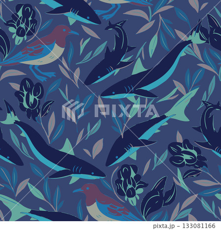 Vector Seamless Pattern with blue sharks and Sooty Shearwater. Danger shark. Vector illustration 133081166
