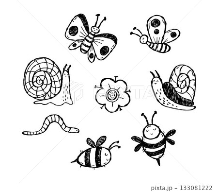 Insects Doodle. Cute Bees, Butterflies, Snails, Worm and Flower collection. Isolated Whimsical Textured hand drawing. Vector illustration. Not AI Insects Doodle. Cute Bees, Butterflies, Snails, Worm and Flower collection. Isolated Whimsical Textured hand drawing. Vector illustration. Not AI 133081222