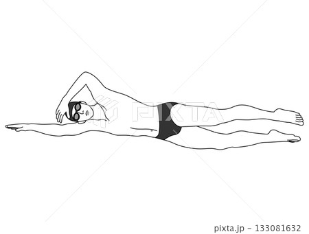 水泳でクロールを泳ぐ男性のイラスト 全身横向き 正面 モノクロ 水泳でクロールを泳ぐ男性のイラスト 全身横向き 正面 モノクロ 133081632