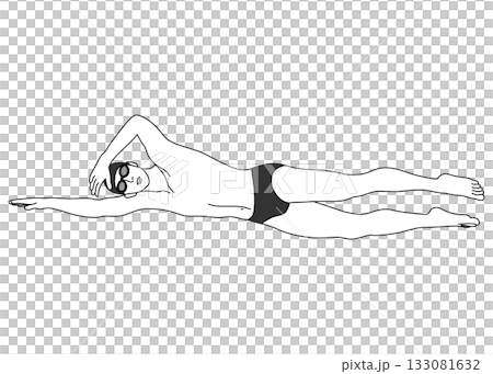 水泳でクロールを泳ぐ男性のイラスト 全身横向き 正面 モノクロ 水泳でクロールを泳ぐ男性のイラスト 全身横向き 正面 モノクロ 133081632