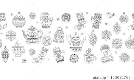 Cozy Scandinavian Winter Seamless Border Pattern with Teapots, Mittens and Socks, Hygge Holiday Vector 133081763