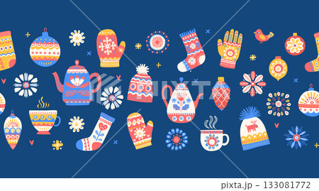 Cozy Scandinavian Winter Seamless Border Pattern with Teapots, Mittens and Socks, Hygge Holiday Vector Cozy Scandinavian Winter Seamless Border Pattern with Teapots, Mittens and Socks, Hygge Holiday Vector 133081772