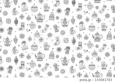 Cozy Scandinavian Winter Seamless Pattern with Teapots, Mittens and Socks, Hygge Holiday Vector Cozy Scandinavian Winter Seamless Pattern with Teapots, Mittens and Socks, Hygge Holiday Vector 133081783