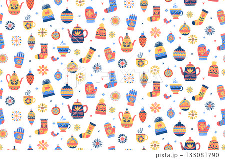 Cozy Scandinavian Winter Seamless Pattern with Teapots, Mittens and Socks, Hygge Holiday Vector 133081790