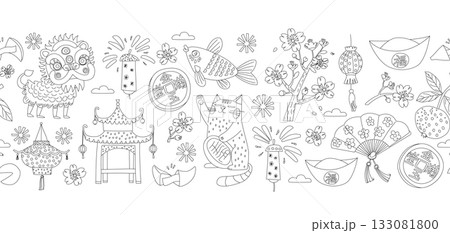 Chinese New Year Doodle Seamless Pattern Border Frame, Lucky Cat, Dragon, Lanterns and Sakura Vector illustration Chinese New Year Doodle Seamless Pattern Border Frame, Lucky Cat, Dragon, Lanterns and Sakura Vector illustration 133081800