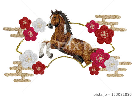 【馬と梅の扇枠】手刺繍イラスト素材 133081850