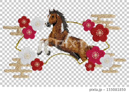 【馬と梅の扇枠】手刺繍イラスト素材 133081850