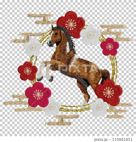 【馬與梅花圓形邊框】手工刺繡插圖材料 【馬與梅花圓形邊框】手工刺繡插圖材料 133081851