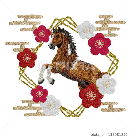 【馬と梅の四角枠】手刺繍イラスト素材 133081852