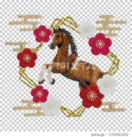 【馬と梅の四角枠】手刺繍イラスト素材 133081852