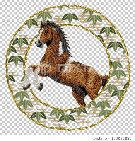 [Golden round frame of horse and bamboo] Hand embroidery illustration material 133081856