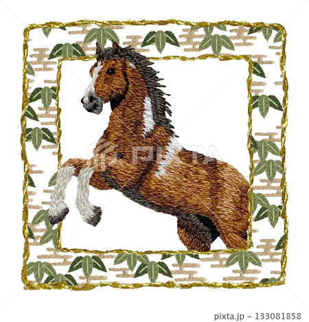 【馬と笹の金色四角枠】手刺繍イラスト素材 【馬と笹の金色四角枠】手刺繍イラスト素材 133081858