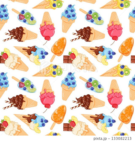 Seamless pattern of cartoon style ice cream and frozen desserts with fruits on a white background. Summer design for dessert menu, packaging. 133082213