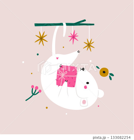 Cute White Possum Holding Gift, Australian Christmas Illustration with Pink and Gold Elements Cute White Possum Holding Gift, Australian Christmas Illustration with Pink and Gold Elements 133082254