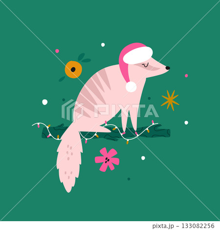 Cute Pink Australian Bandicoot Wearing Santa Hat and Christmas Lights. Holiday Vector Illustration 133082256