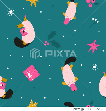Cute Platypus Christmas Seamless Pattern, Australian Wildlife Holiday Design with Gifts and Stars Cute Platypus Christmas Seamless Pattern, Australian Wildlife Holiday Design with Gifts and Stars 133082262