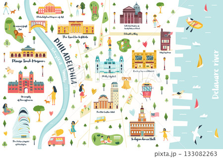 llustrated Map of Philadelphia Landmarks, Cute City Poster with Famous Sights and Icons llustrated Map of Philadelphia Landmarks, Cute City Poster with Famous Sights and Icons 133082263