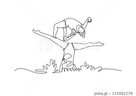 Single one line drawing two women are performing synchronized partner lift in water, with one supporting other in graceful, inverted arch pose. Continuous line draw design graphic vector illustration 133082279