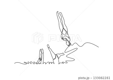 Single one line drawing group women are performing synchronized vertical position in the water. Grace, precision, fluid motion of aquatic sport. Continuous line draw design graphic vector illustration 133082281