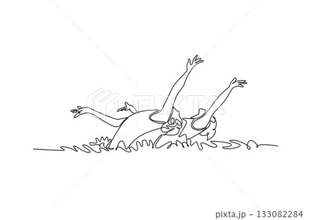 Continuous one line drawing two women are performing synchronized back layout sculling with arms extended. Grace and fluid motion of aquatic sport. Single line draw design vector graphic illustration 133082284
