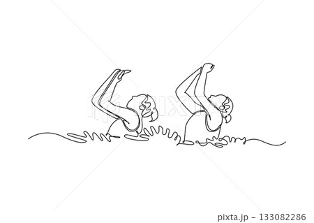 Continuous one line drawing two women are performing synchronized arm movement above water surface. Grace, precision, fluid motion of aquatic sport. Single line draw design vector graphic illustration Continuous one line drawing two women are performing synchronized arm movement above water surface. Grace, precision, fluid motion of aquatic sport. Single line draw design vector graphic illustration 133082286
