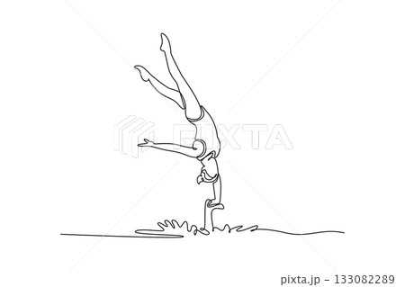 Continuous one line drawing woman is performing a vertical handstand in the water. The complex balance and graceful inversion of artistic swimming. Single line draw design vector graphic illustration Continuous one line drawing woman is performing a vertical handstand in the water. The complex balance and graceful inversion of artistic swimming. Single line draw design vector graphic illustration 133082289