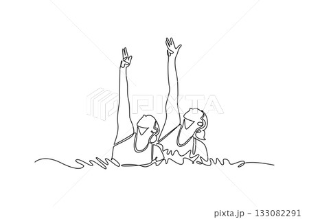 Continuous one line drawing two women are performing synchronized arm extensions above water's surface. Precision and fluid motion of aquatic sport. Single line draw design vector graphic illustration Continuous one line drawing two women are performing synchronized arm extensions above water's surface. Precision and fluid motion of aquatic sport. Single line draw design vector graphic illustration 133082291