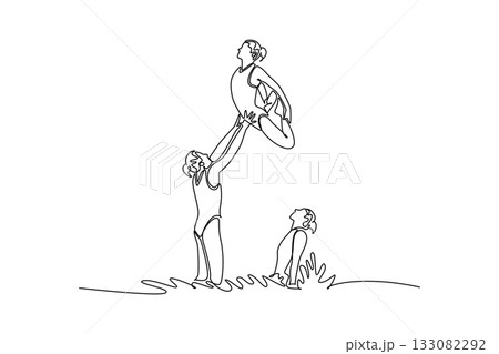 Single continuous line drawing three women are performing synchronized partner lift in water, with one launched airborne above others in curled pose. One line draw graphic design vector illustration Single continuous line drawing three women are performing synchronized partner lift in water, with one launched airborne above others in curled pose. One line draw graphic design vector illustration 133082292