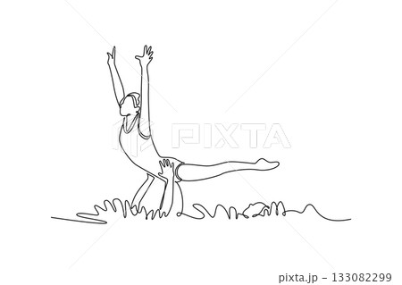 Single continuous line drawing two women are performing synchronized partner lift in water, with one balanced by the other in upright, graceful pose. One line draw graphic design vector illustration 133082299