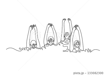 Single one line drawing four women are performing synchronized sculling drill in water, with their arms raised above surface. Grace, precision. continuous line draw design graphic vector illustration Single one line drawing four women are performing synchronized sculling drill in water, with their arms raised above surface. Grace, precision. continuous line draw design graphic vector illustration 133082300