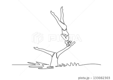 Single one line drawing two creative women are performing synchronized, upside-down vertical pose with one supporting the other in water. Modern continuous line draw design graphic vector illustration Single one line drawing two creative women are performing synchronized, upside-down vertical pose with one supporting the other in water. Modern continuous line draw design graphic vector illustration 133082303