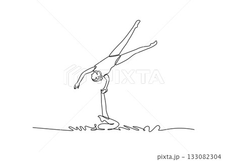 Single one line drawing two active women are performing synchronized vertical lift. Complex balance and fluid grace of artistic swimming. Modern continuous line draw design graphic vector illustration Single one line drawing two active women are performing synchronized vertical lift. Complex balance and fluid grace of artistic swimming. Modern continuous line draw design graphic vector illustration 133082304