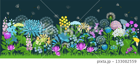 Different flowers horizontal grass on a dark background. Hand drawn. Not AI, vector illustration Different flowers horizontal grass on a dark background. Hand drawn. Not AI, vector illustration 133082559
