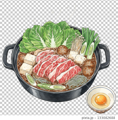 壽喜燒陶罐和生雞蛋的插圖 133082688