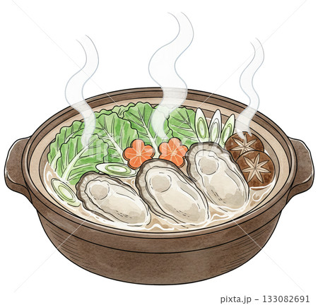 牡蠣（かき）と野菜の土鍋イラスト（湯気付き） 133082691