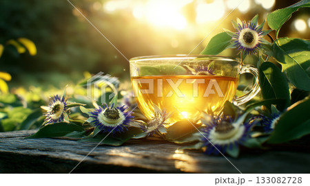 Herbal Tea with Blue Passionflower in a Glass Cup 133082728