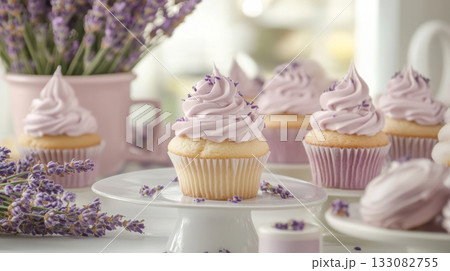 Elegant Lavender Cupcakes with Delicate Frosting 133082755