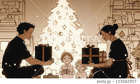 仲良し親子の楽しいクリスマス（シンプルな色使い）