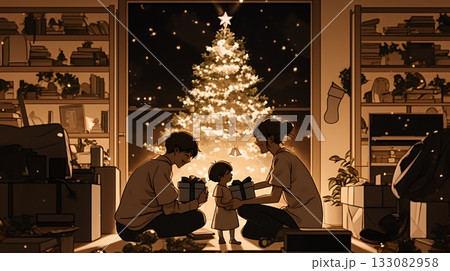 仲良し親子の楽しいクリスマス（シンプルな色使い）