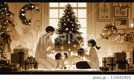 仲良し親子の楽しいクリスマス（シンプルな色使い）