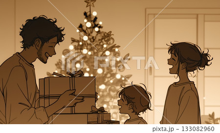 仲良し親子の楽しいクリスマス（シンプルな色使い）