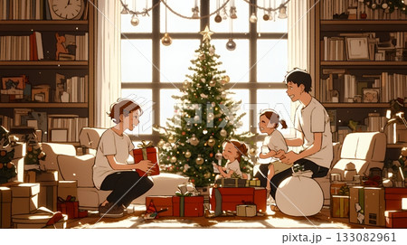 仲良し親子の楽しいクリスマス（シンプルな色使い）