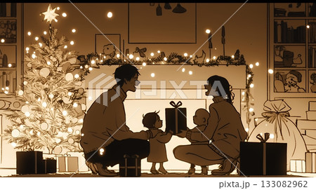 仲良し親子の楽しいクリスマス（シンプルな色使い）