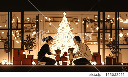 仲良し親子の楽しいクリスマス（シンプルな色使い）