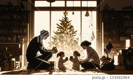 仲良し親子の楽しいクリスマス（シンプルな色使い）