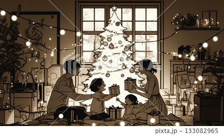 仲良し親子の楽しいクリスマス（シンプルな色使い）